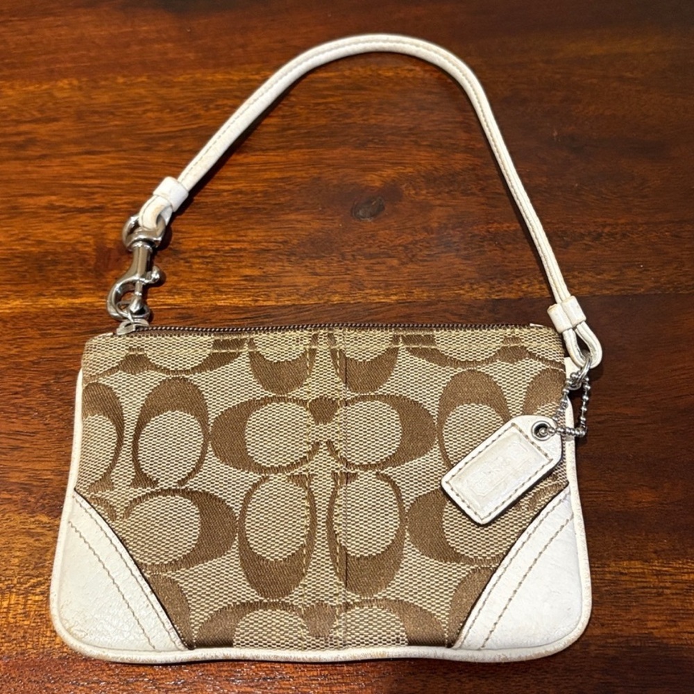 Coach Brown Signature Canvas Wristlet with White Trim